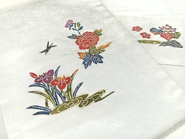 平和屋着物◎九寸名古屋帯　花鳥文　銀糸　正絹　逸品　BAAX5326qw