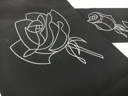 平和屋着物◎塩瀬　九寸名古屋帯　駒刺繍　薔薇　黒地　正絹　逸品　BAAX5327qw