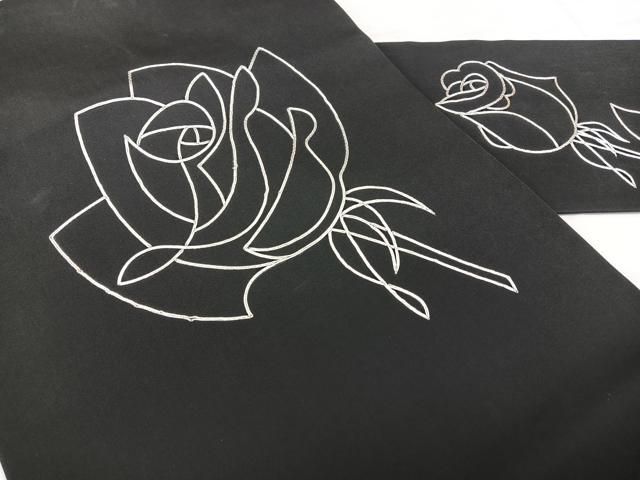 平和屋着物◎塩瀬　九寸名古屋帯　駒刺繍　薔薇　黒地　正絹　逸品　BAAX5327qw