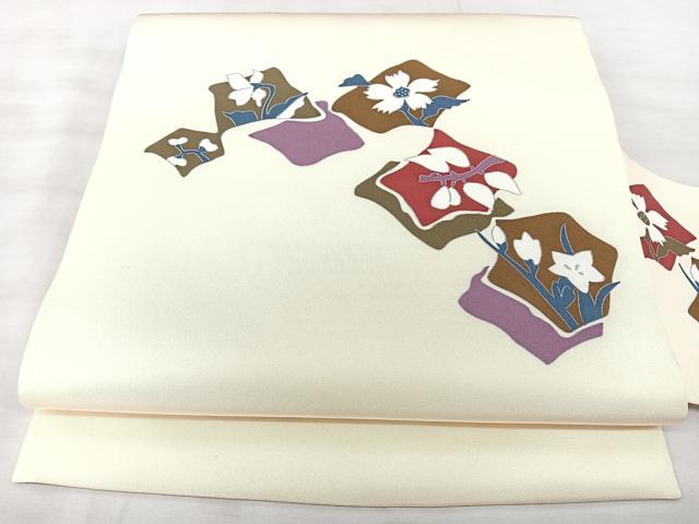 平和屋着物◎塩瀬　九寸名古屋帯　破れ色紙花文　正絹　逸品　BAAX5328qw