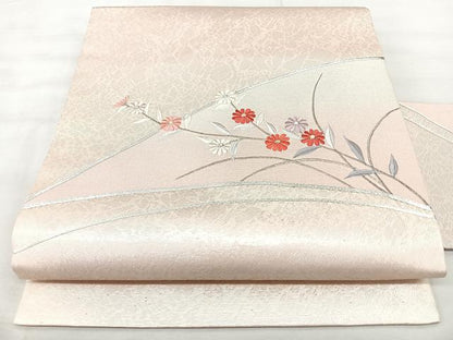 平和屋着物◎九寸名古屋帯　駒刺繍　草花文　銀糸　正絹　逸品　BAAX5330qw