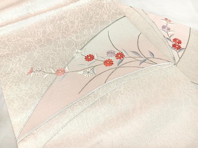 平和屋着物◎九寸名古屋帯　駒刺繍　草花文　銀糸　正絹　逸品　BAAX5330qw