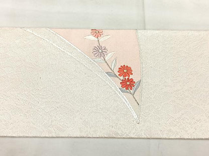 平和屋着物◎九寸名古屋帯　駒刺繍　草花文　銀糸　正絹　逸品　BAAX5330qw