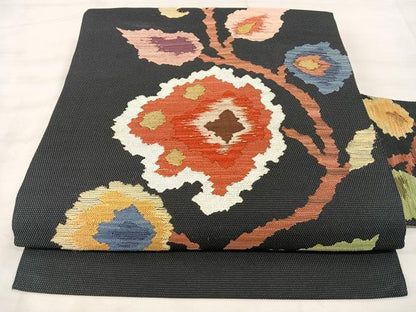 平和屋着物◎九寸名古屋帯　洋花文　黒地　金糸　正絹　逸品　BAAX5337qw