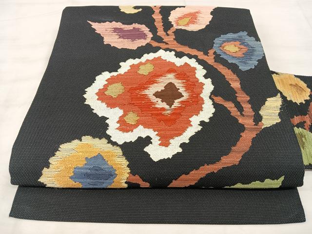 平和屋着物◎九寸名古屋帯　洋花文　黒地　金糸　正絹　逸品　BAAX5337qw