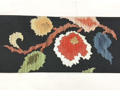 平和屋着物◎九寸名古屋帯　洋花文　黒地　金糸　正絹　逸品　BAAX5337qw