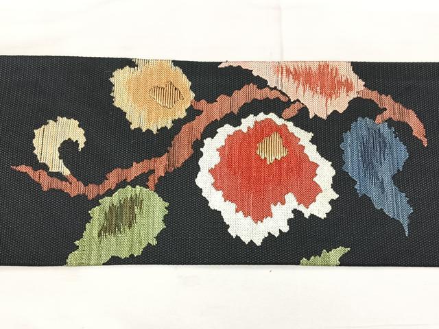 平和屋着物◎九寸名古屋帯　洋花文　黒地　金糸　正絹　逸品　BAAX5337qw