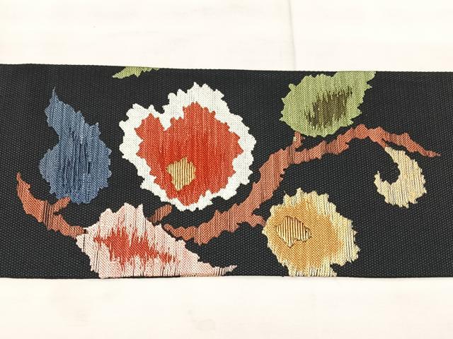 平和屋着物◎九寸名古屋帯　洋花文　黒地　金糸　正絹　逸品　BAAX5337qw