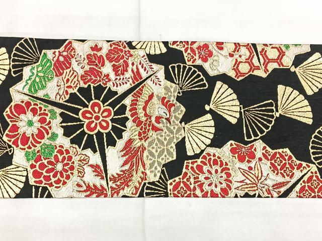 平和屋着物◎アンティーク　大正ロマン　全通柄　九寸名古屋帯　扇花文　黒地　金糸　正絹　逸品　BAAX5358qw