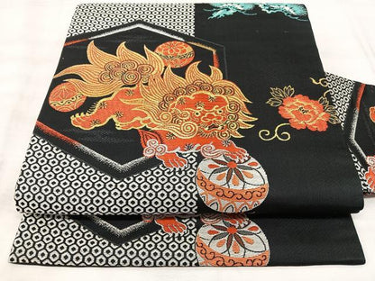 平和屋着物◎アンティーク　大正ロマン　九寸名古屋帯　唐獅子　黒地　金糸　正絹　逸品　BAAX5360qw
