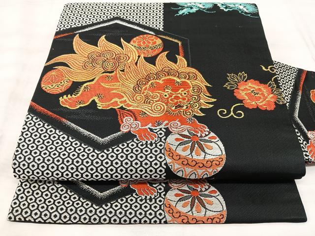 平和屋着物◎アンティーク　大正ロマン　九寸名古屋帯　唐獅子　黒地　金糸　正絹　逸品　BAAX5360qw