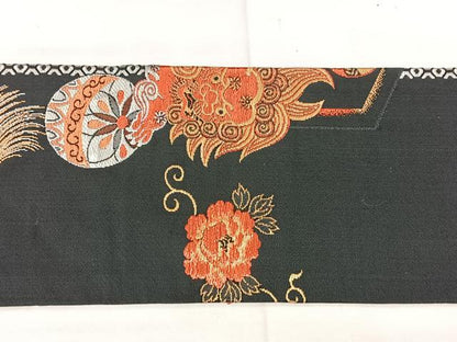 平和屋着物◎アンティーク　大正ロマン　九寸名古屋帯　唐獅子　黒地　金糸　正絹　逸品　BAAX5360qw