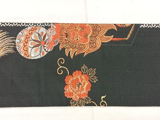 平和屋着物◎アンティーク　大正ロマン　九寸名古屋帯　唐獅子　黒地　金糸　正絹　逸品　BAAX5360qw