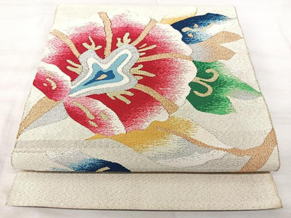 平和屋着物◎爪掻き本綴れ　八寸名古屋帯　洋花文　金銀糸　正絹　逸品　BAAX5365qw