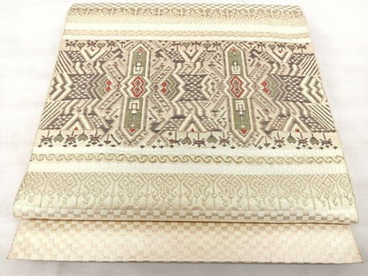 平和屋着物◎本場筑前博多織　八寸名古屋帯　横段壁画文　金糸　正絹　逸品　BAAX5367qw
