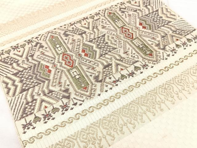 平和屋着物◎本場筑前博多織　八寸名古屋帯　横段壁画文　金糸　正絹　逸品　BAAX5367qw