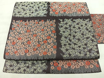 平和屋着物◎本場筑前博多織　八寸名古屋帯　草花文　銀糸　正絹　逸品　BAAX5369qw