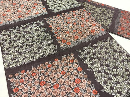 平和屋着物◎本場筑前博多織　八寸名古屋帯　草花文　銀糸　正絹　逸品　BAAX5369qw