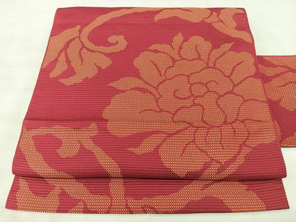 平和屋着物◎本場筑前博多織　八寸名古屋帯　牡丹唐草文　正絹　逸品　BAAX5372qw
