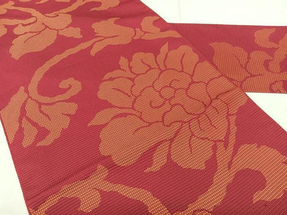 平和屋着物◎本場筑前博多織　八寸名古屋帯　牡丹唐草文　正絹　逸品　BAAX5372qw