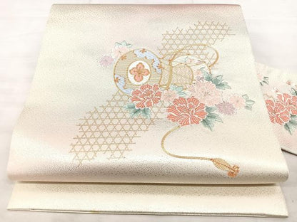 平和屋着物◎九寸名古屋帯　駒刺繍　鼓花文　金銀糸　正絹　逸品　BAAX5373qw