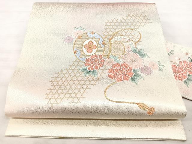 平和屋着物◎九寸名古屋帯　駒刺繍　鼓花文　金銀糸　正絹　逸品　BAAX5373qw