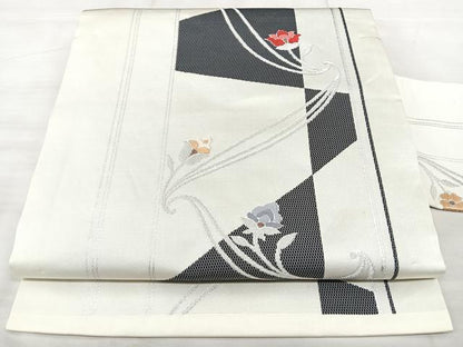 平和屋着物◎九寸名古屋帯　洋花間道　銀糸　正絹　逸品　BAAX5375qw