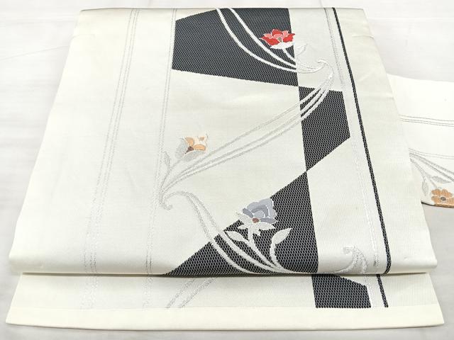 平和屋着物◎九寸名古屋帯　洋花間道　銀糸　正絹　逸品　BAAX5375qw