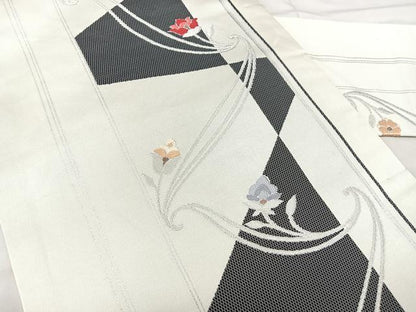 平和屋着物◎九寸名古屋帯　洋花間道　銀糸　正絹　逸品　BAAX5375qw