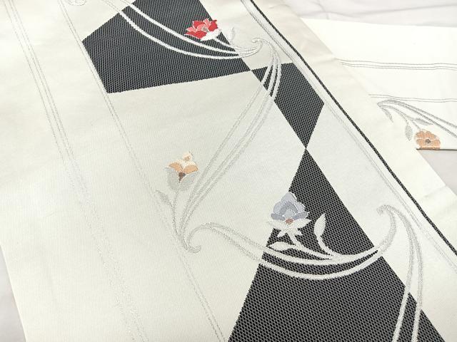 平和屋着物◎九寸名古屋帯　洋花間道　銀糸　正絹　逸品　BAAX5375qw