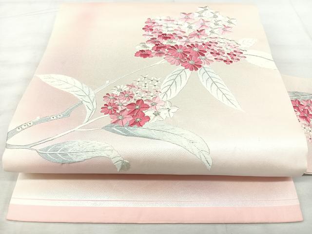 平和屋着物◎九寸名古屋帯　総刺繍　草花文　銀糸　正絹　逸品　BAAX5378qw