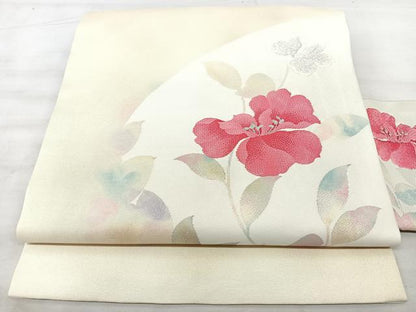 平和屋着物◎九寸名古屋帯　草花文　銀糸　正絹　逸品　BAAX5379qw