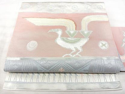 平和屋着物◎九寸名古屋帯　横段花鳥文　金銀糸　正絹　逸品　BAAX5380qw