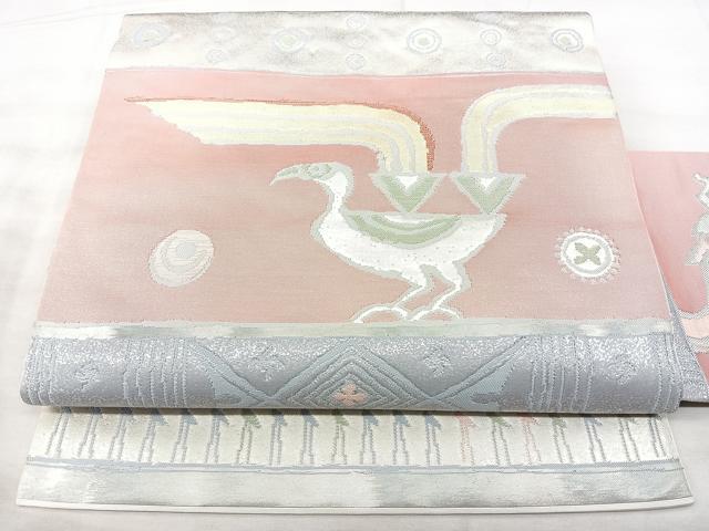 平和屋着物◎九寸名古屋帯　横段花鳥文　金銀糸　正絹　逸品　BAAX5380qw