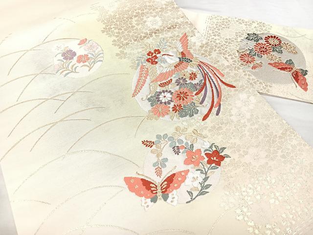 平和屋着物◎九寸名古屋帯　唐織　花鳥丸文　金糸　正絹　逸品　BAAX5381qw
