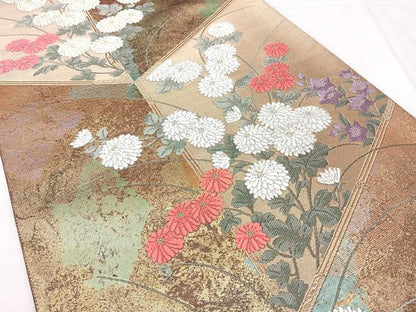 平和屋着物◎六通柄袋帯　唐織　菊花図屏風　金糸　引箔　正絹　逸品　BAAX5389qw