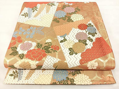 平和屋着物◎西陣　六通柄袋帯　唐織　色紙花文　金糸　正絹　逸品　BAAX5391qw