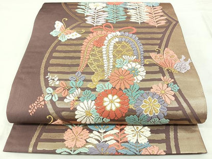 平和屋着物◎六通柄袋帯　唐織錦　花蝶文　金糸　正絹　逸品　BAAX5392qw