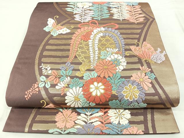 平和屋着物◎六通柄袋帯　唐織錦　花蝶文　金糸　正絹　逸品　BAAX5392qw