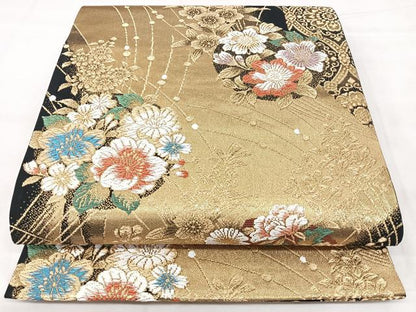 平和屋着物◎六通柄袋帯　唐織　草花文　黒地　金糸　正絹　逸品　BAAX5394qw