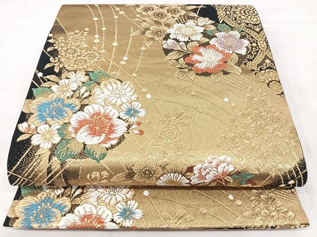 平和屋着物◎六通柄袋帯　唐織　草花文　黒地　金糸　正絹　逸品　BAAX5394qw