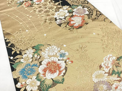 平和屋着物◎六通柄袋帯　唐織　草花文　黒地　金糸　正絹　逸品　BAAX5394qw