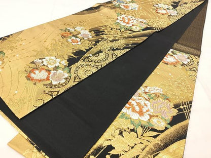 平和屋着物◎六通柄袋帯　唐織　草花文　黒地　金糸　正絹　逸品　BAAX5394qw