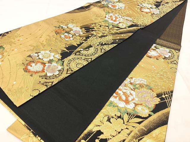 平和屋着物◎六通柄袋帯　唐織　草花文　黒地　金糸　正絹　逸品　BAAX5394qw