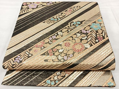 平和屋着物◎六通柄袋帯　草花文　金糸　正絹　逸品　未使用　BAAX5396qw