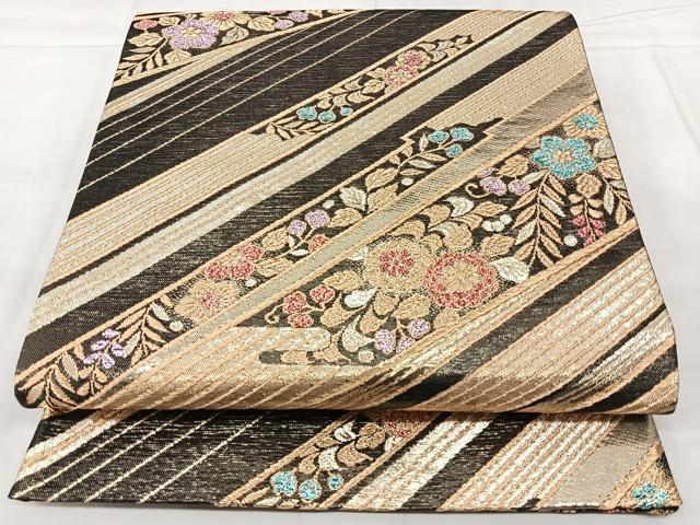 平和屋着物◎六通柄袋帯　草花文　金糸　正絹　逸品　未使用　BAAX5396qw