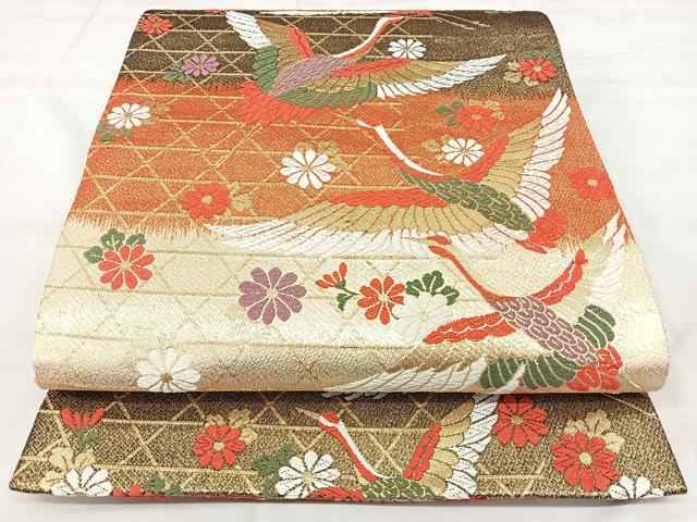 平和屋着物◎佐賀錦　六通柄袋帯　唐織　飛鶴花文　金糸　正絹　逸品　BAAY5001qw