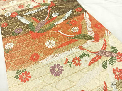 平和屋着物◎佐賀錦　六通柄袋帯　唐織　飛鶴花文　金糸　正絹　逸品　BAAY5001qw