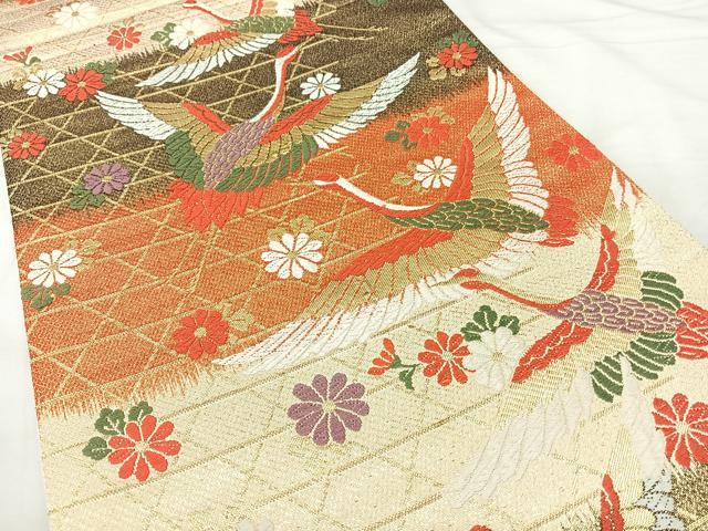 平和屋着物◎佐賀錦　六通柄袋帯　唐織　飛鶴花文　金糸　正絹　逸品　BAAY5001qw
