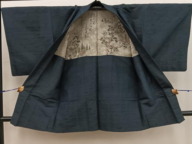平和屋着物■男性　紬　アンサンブル　黒緑色　正絹　逸品　BAAX5402mz